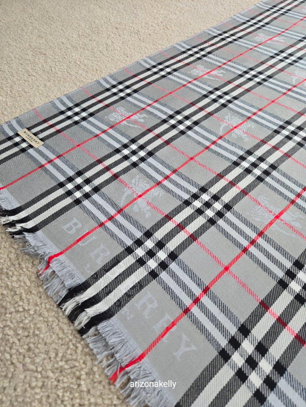 Burberry Grey Nova Check Plaid Scarf With Jacquard Branding & Equestrian Knight - Picture 9 of 13